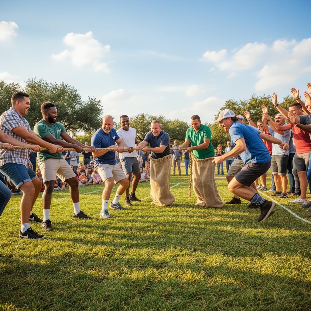 Men competing in tug-of-war, sack races, and field day events